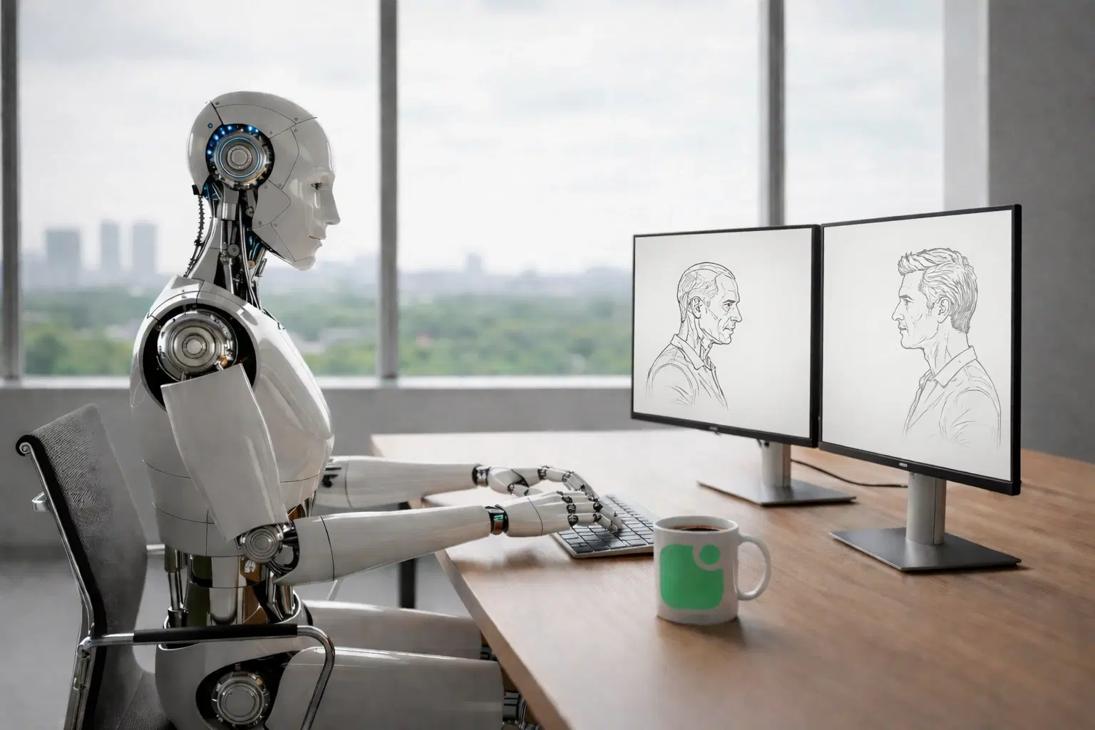 Humanoid robot at a desk reviewing resume sketches on dual monitors.