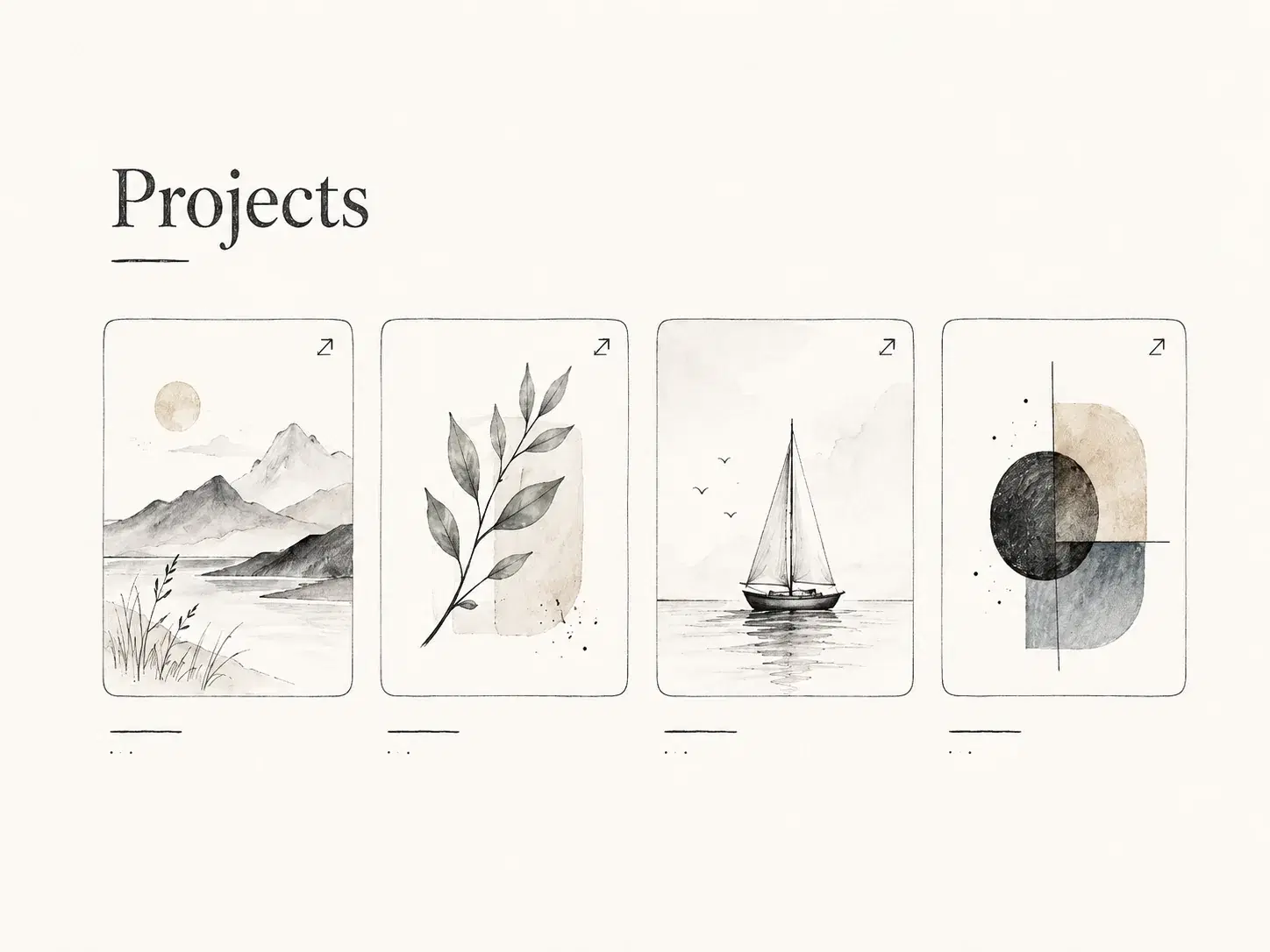 Ilustración de una página de portfolio creativo con vistas previas multimedia de proyectos.