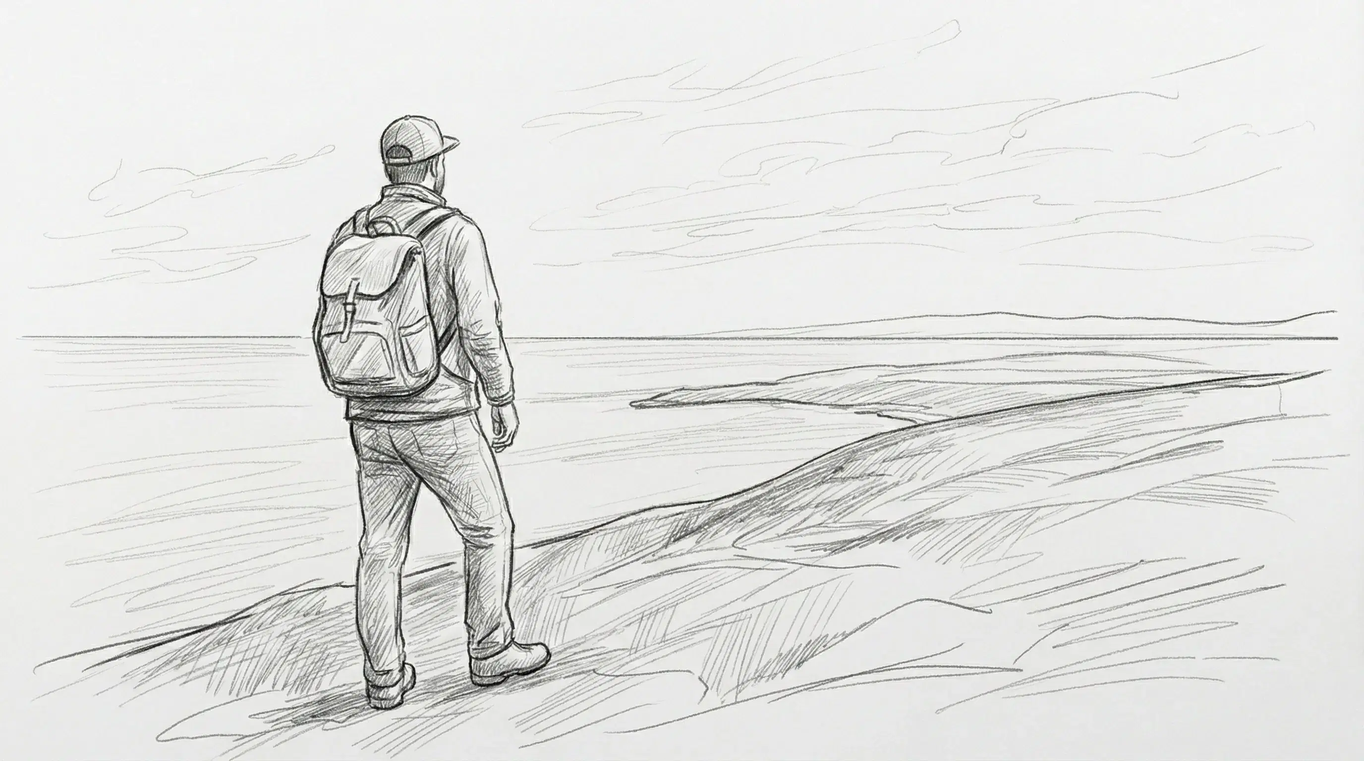 Pencil sketch of a person with a backpack standing by the shore and looking toward the horizon.