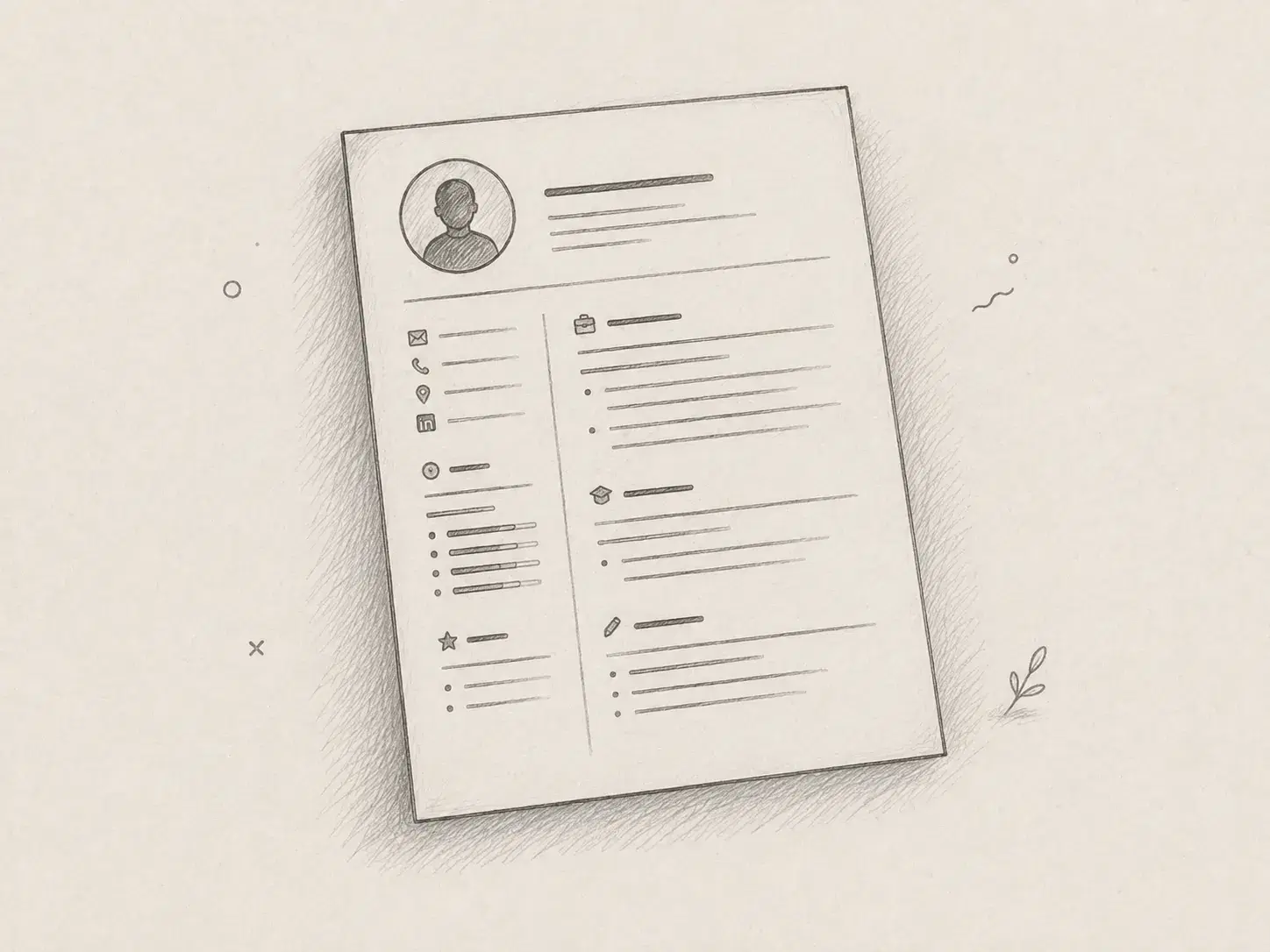 Hand-drawn one-page resume with profile, experience, education, skills, and contact sections.