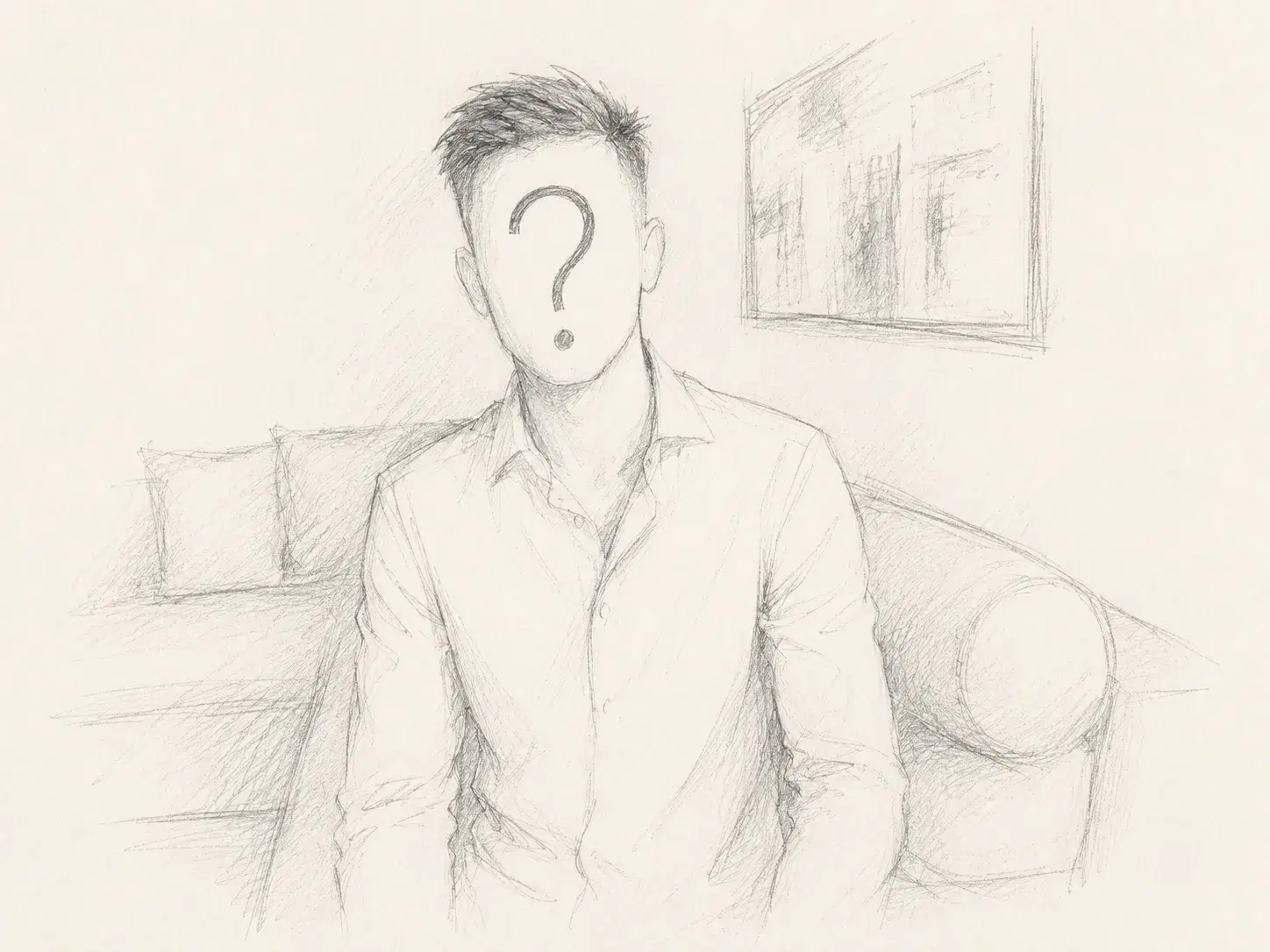 Pencil sketch of Self founder Javier Martínez Samblas with a question mark covering his face.