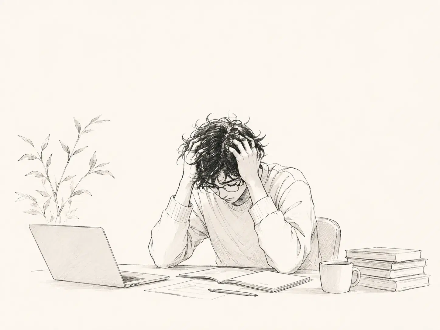 Pencil drawing of a doctoral student thinking beside a laptop and books.