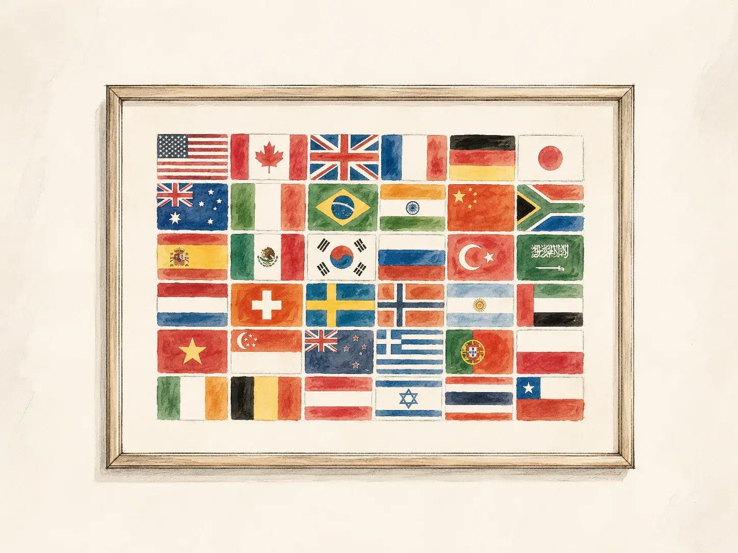 Watercolor grid of international flags representing languages and translation work.