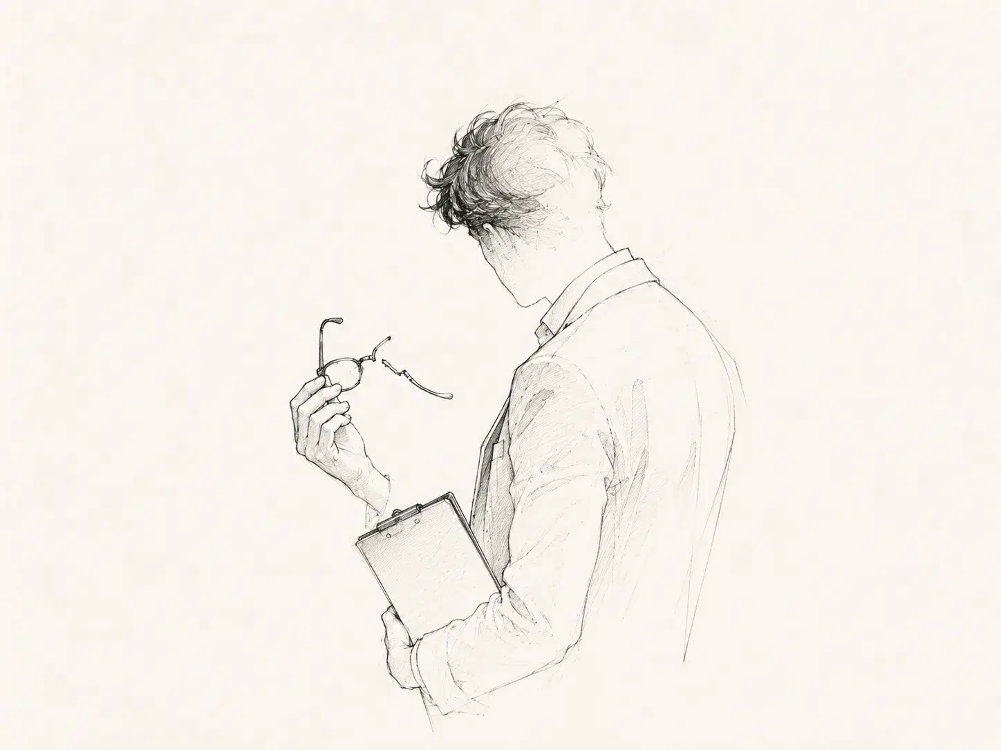Pencil drawing of a project manager holding a clipboard and glasses.