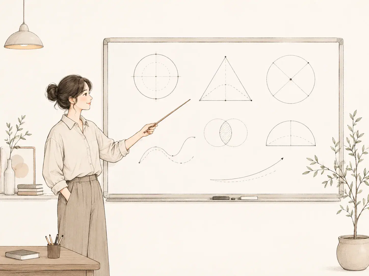 Illustration of a teacher explaining diagrams on a large whiteboard.