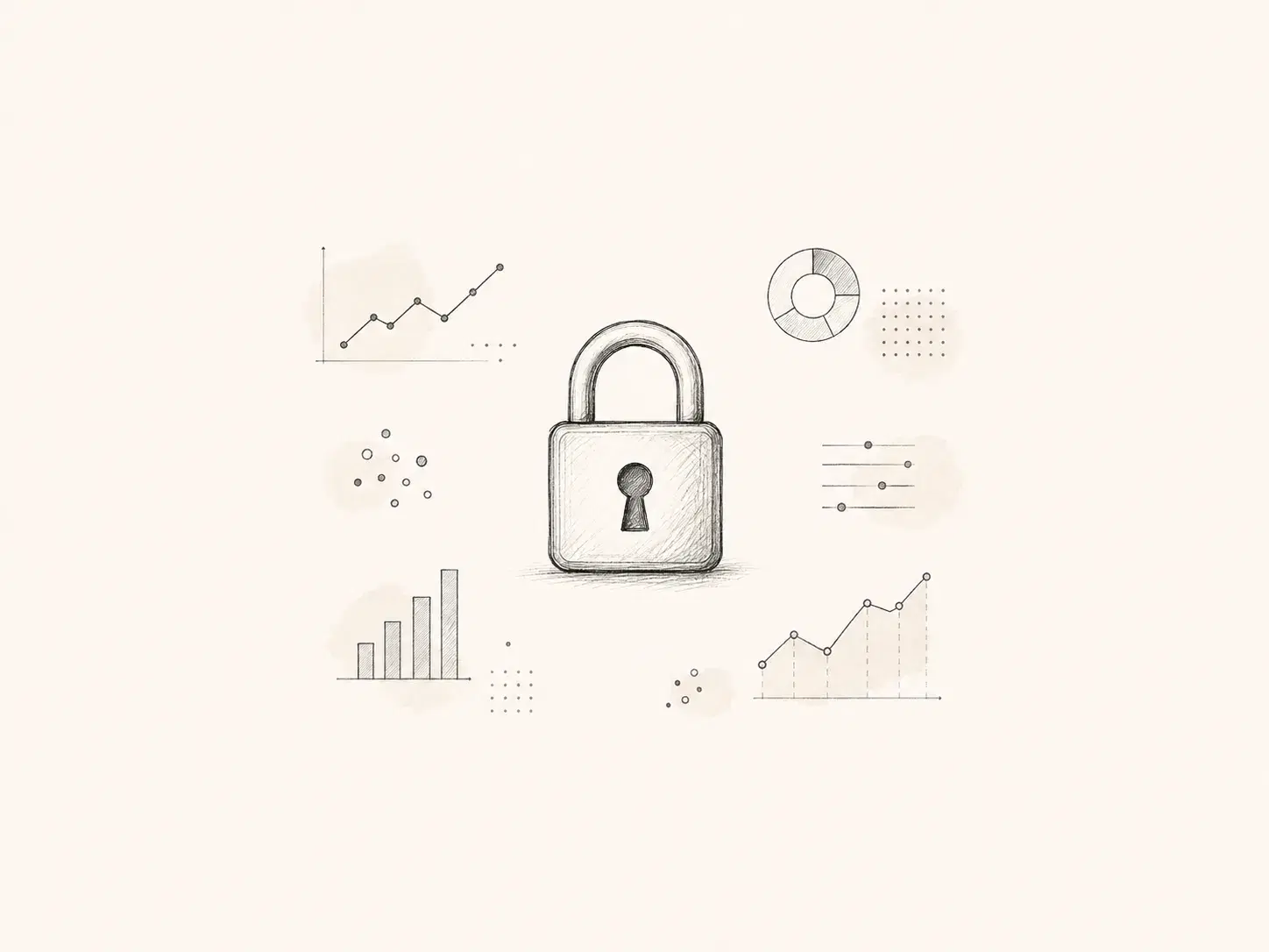 Pencil drawing of a padlock surrounded by charts and data points.