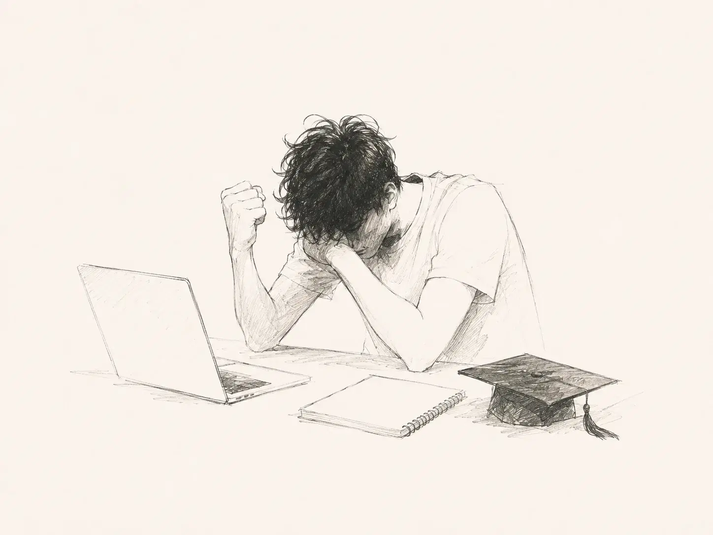 Pencil drawing of a frustrated recent graduate at a laptop beside a graduation cap.
