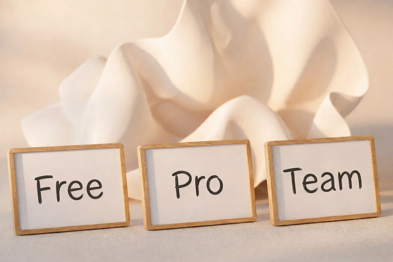 Three small framed boards labeled "Free", "Pro", and "Team" placed side by side.