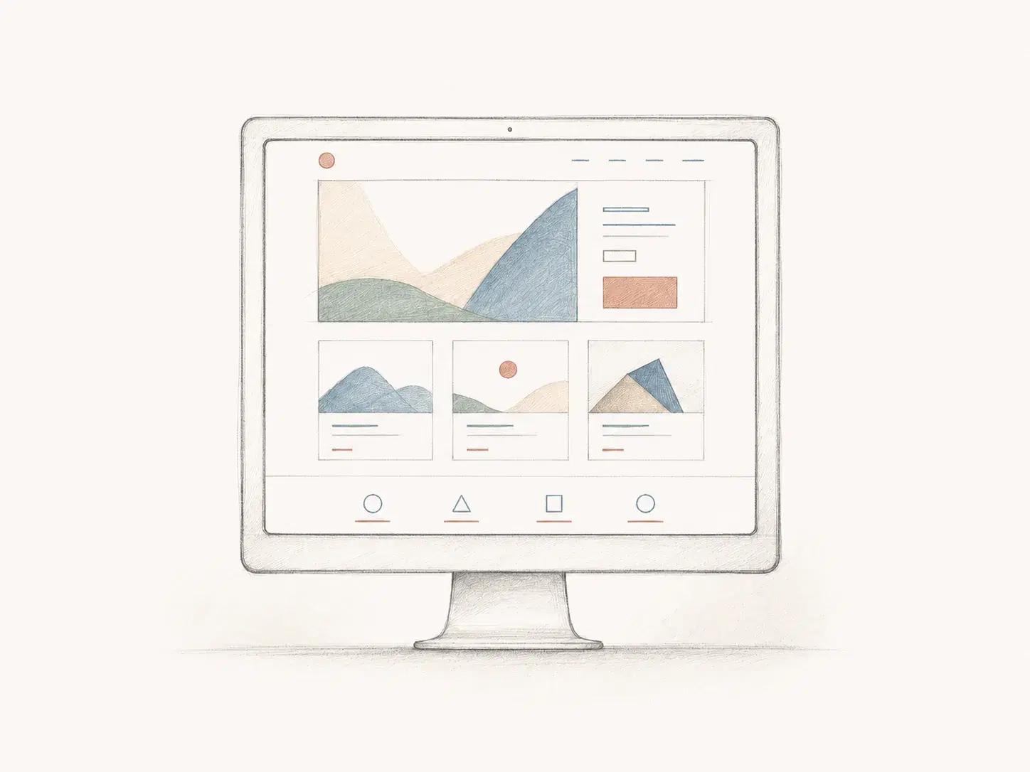 Pencil illustration of a freelance portfolio website with a featured project and three project cards on a desktop monitor.