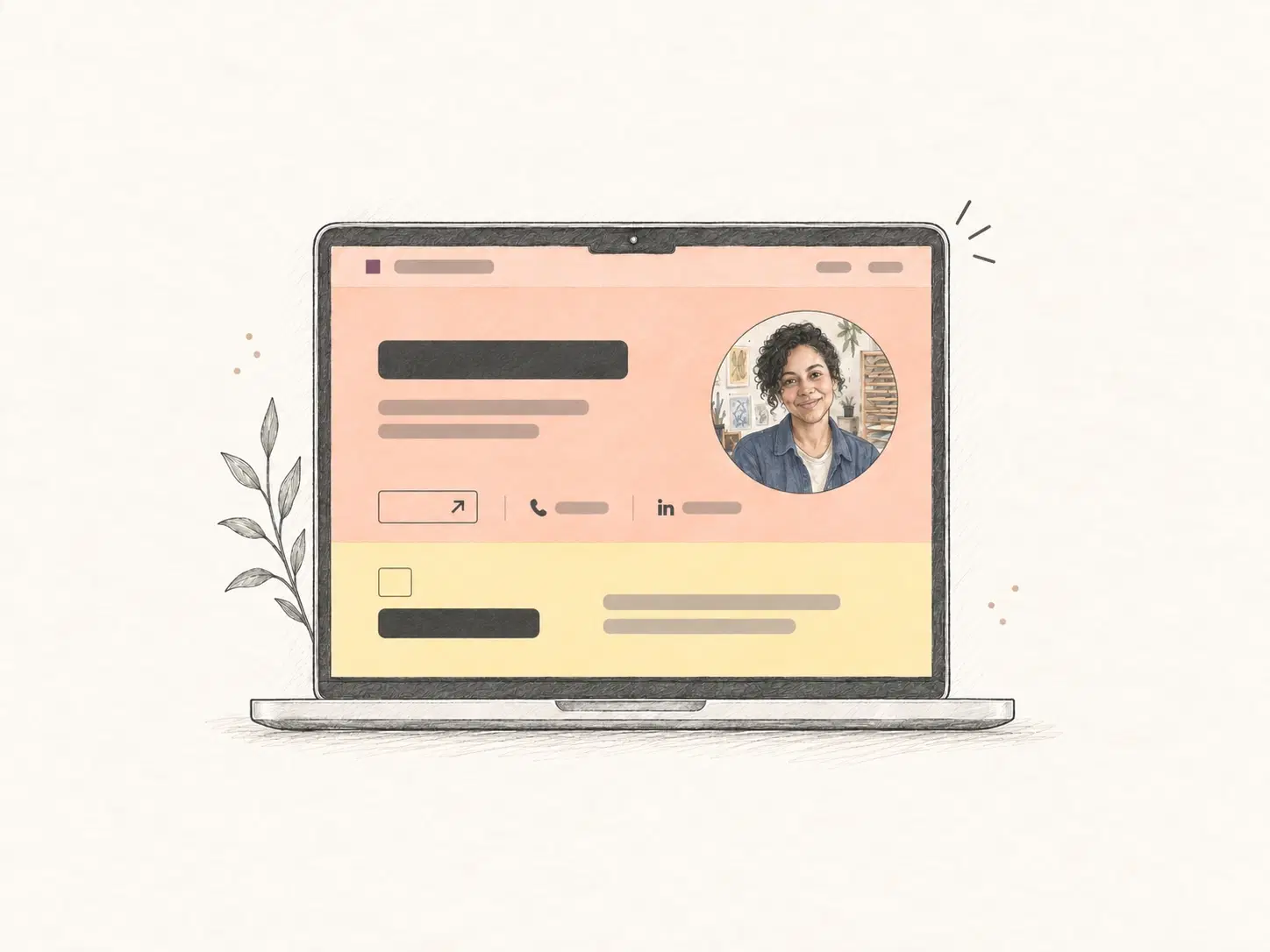 Pencil illustration of a colorful professional profile displayed on a laptop.