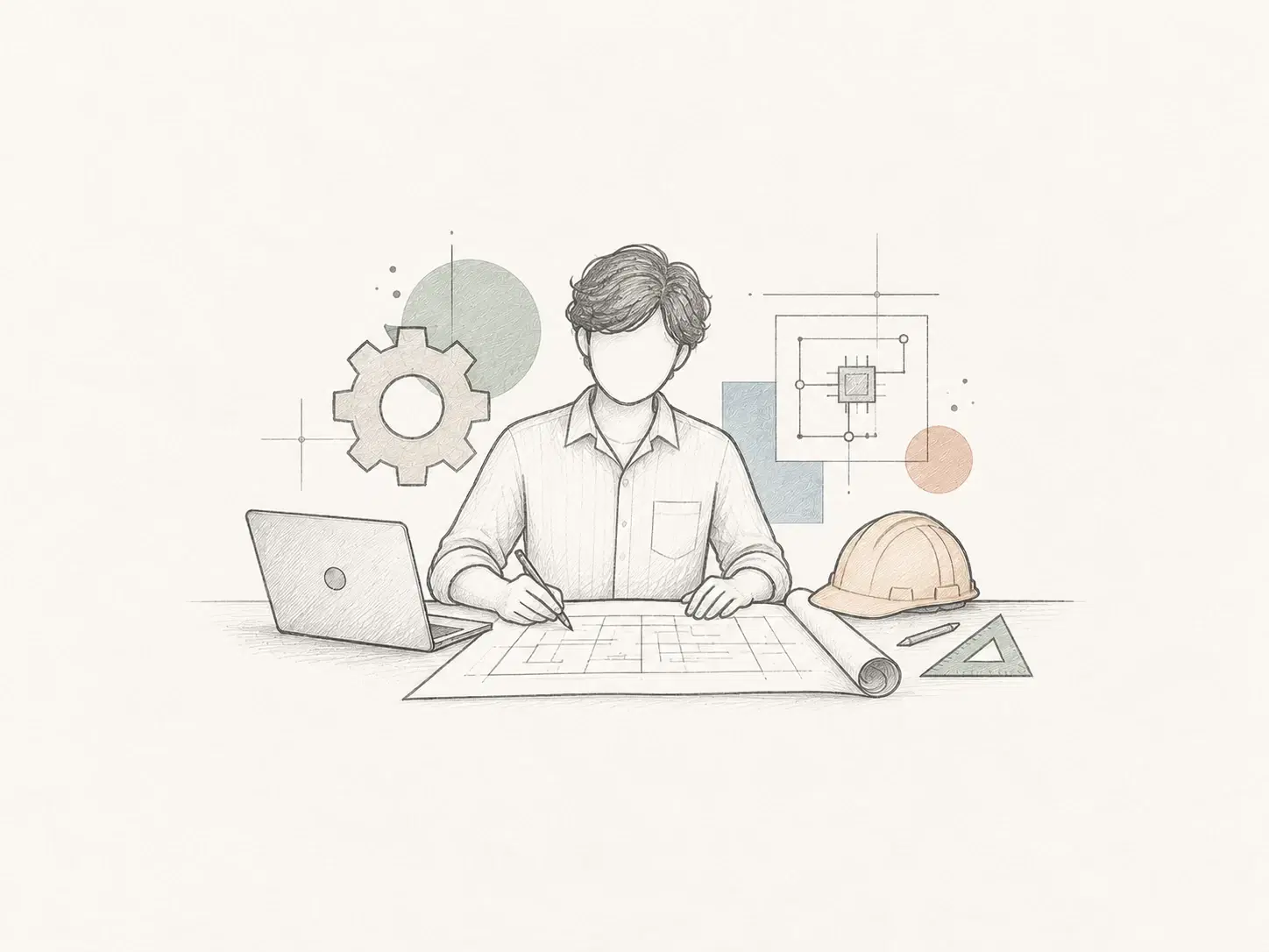 Illustrazione a matita di un ingegnere al lavoro su un disegno tecnico, con laptop, ingranaggio, circuito e casco.