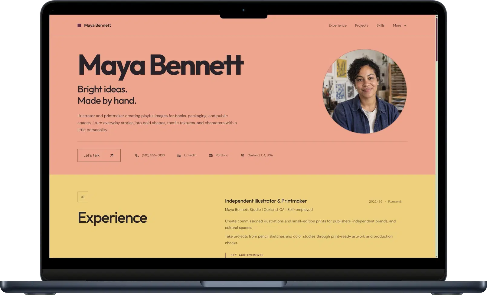 Desktop mockup of the Colorfield template showing broad color bands and oversized section headings.