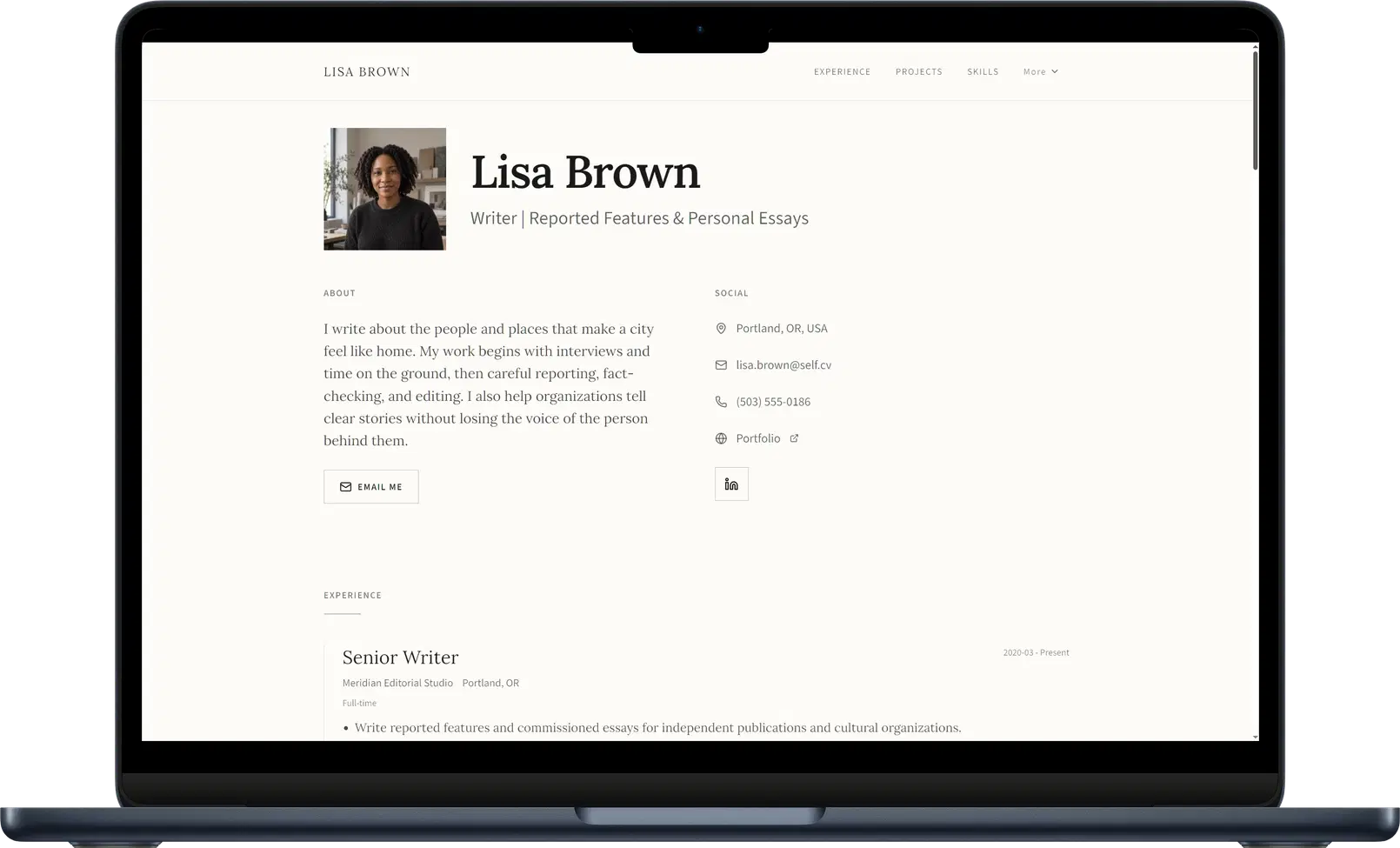 Self website in Editorial, presenting a biography, experience, and selected projects.