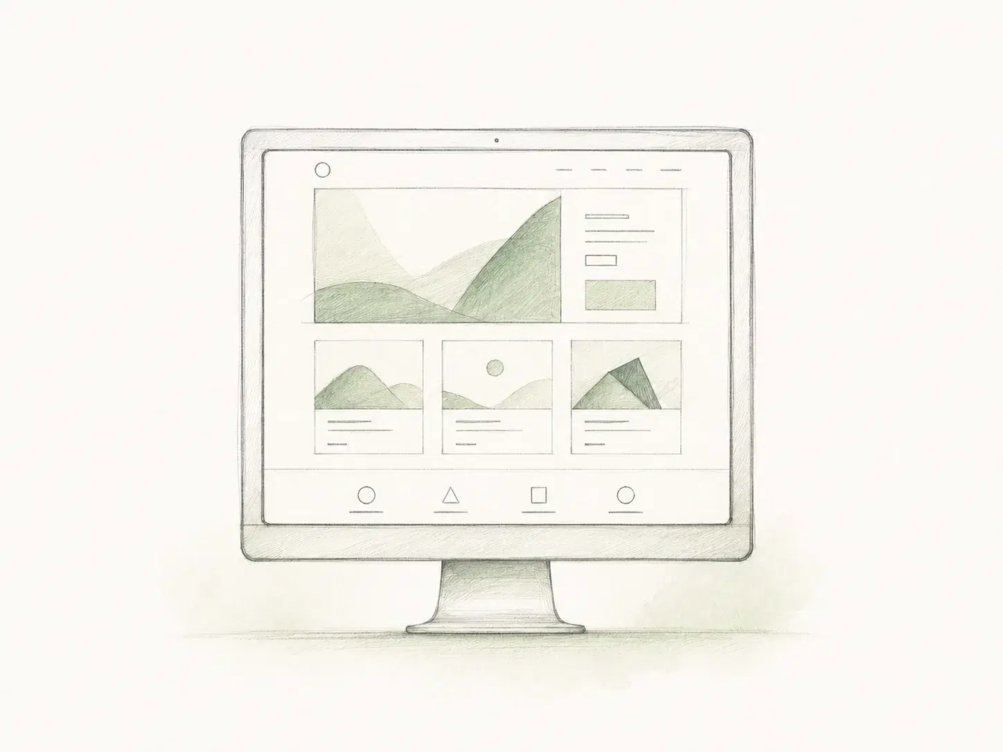 Pencil illustration of a professional resume website displayed on a desktop monitor.