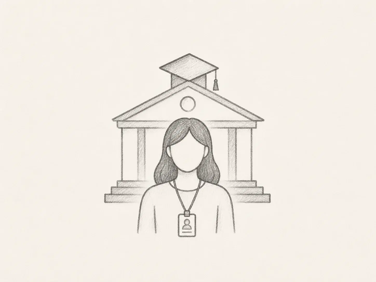 Dibujo a lápiz de una candidata a prácticas con acreditación delante de una universidad.