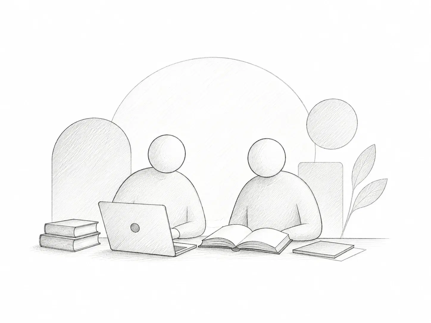 Dibujo a lápiz de dos estudiantes universitarios trabajando con un portátil y varios libros.