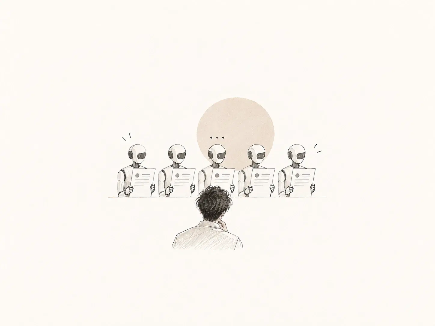 Pencil illustration of robots reviewing CV text with a professional.