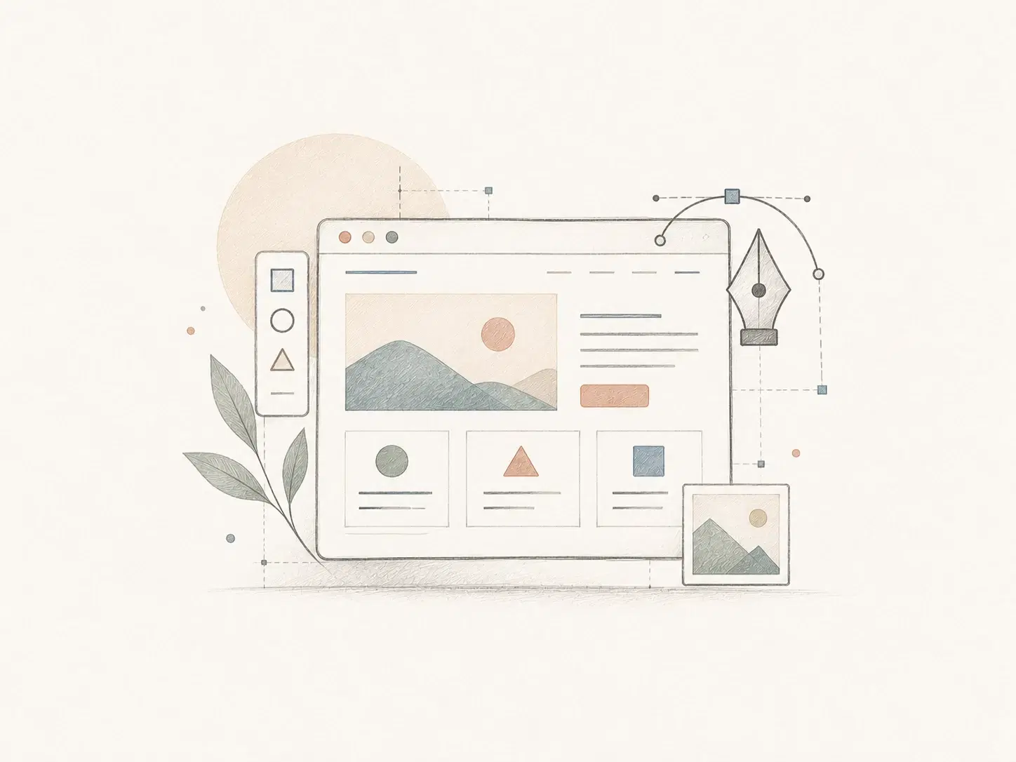 Pencil illustration of a personal website layout with project cards, design tools, and a mobile screen.