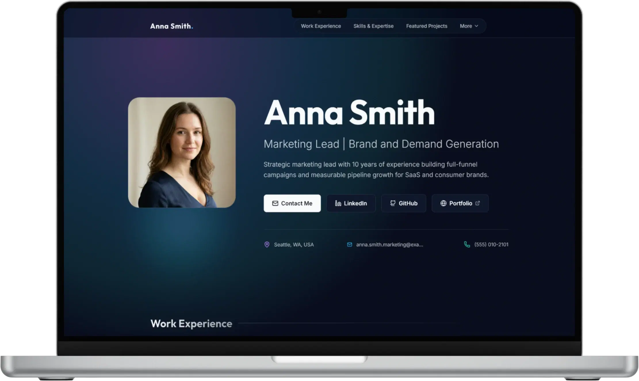 Anna Smith's marketing experience presented as a responsive Aurora resume website in Self.