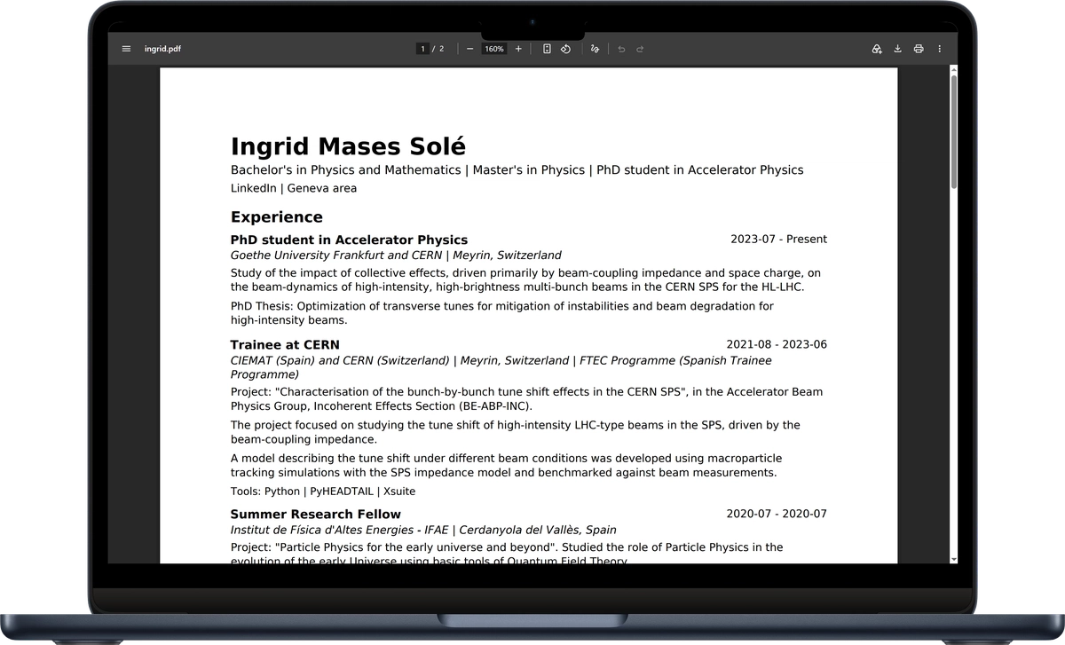 Laptop mockup showing Ingrid Mases Solé's PDF CV in a document reader.