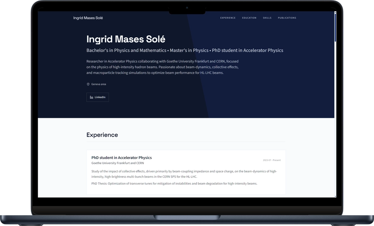 Laptop mockup showing Ingrid Mases Solé's published Corporate resume website and structured research experience.