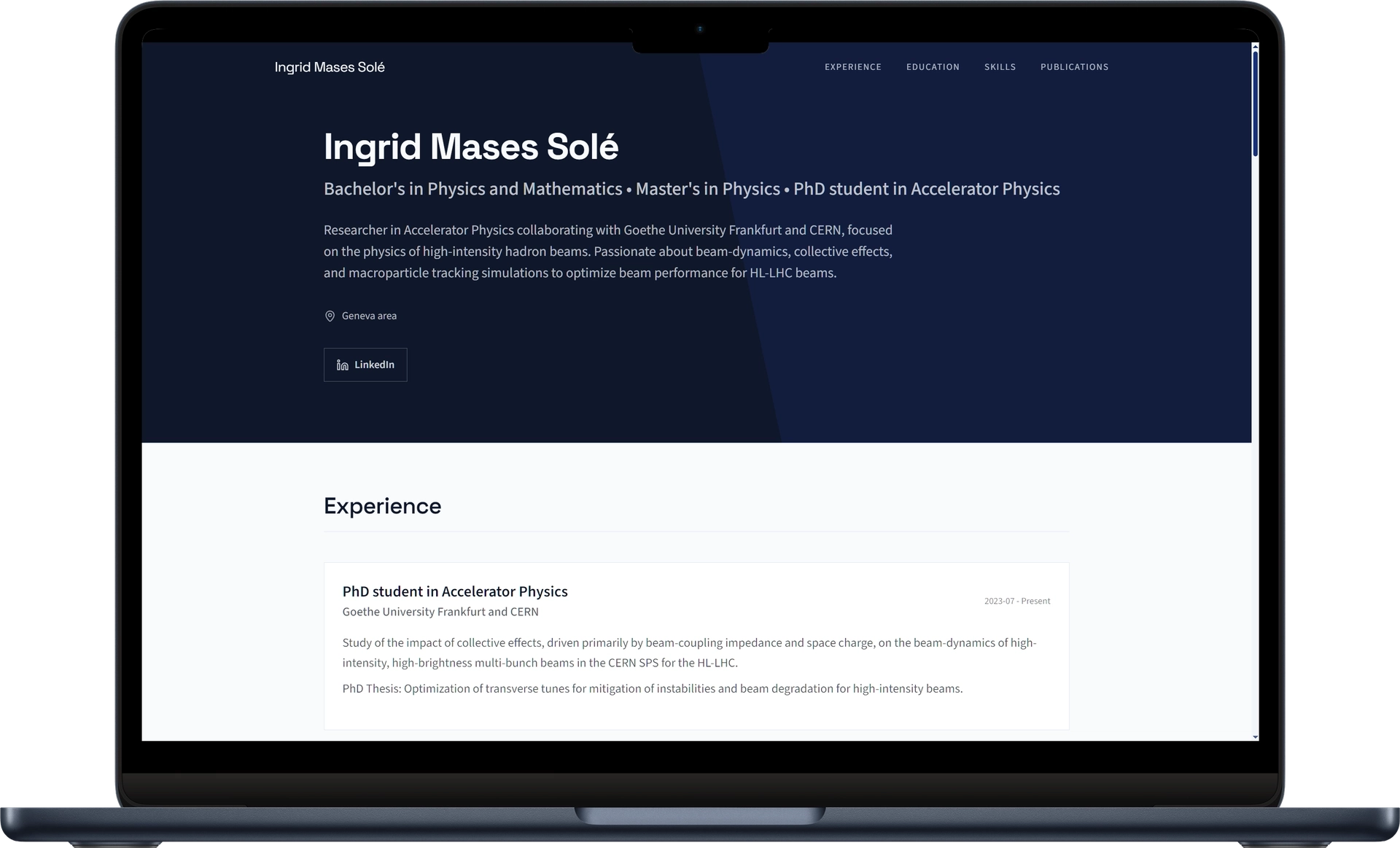 Mockup de um portátil com o site publicado de Ingrid Mases Solé em Corporate e a sua experiência de investigação organizada.