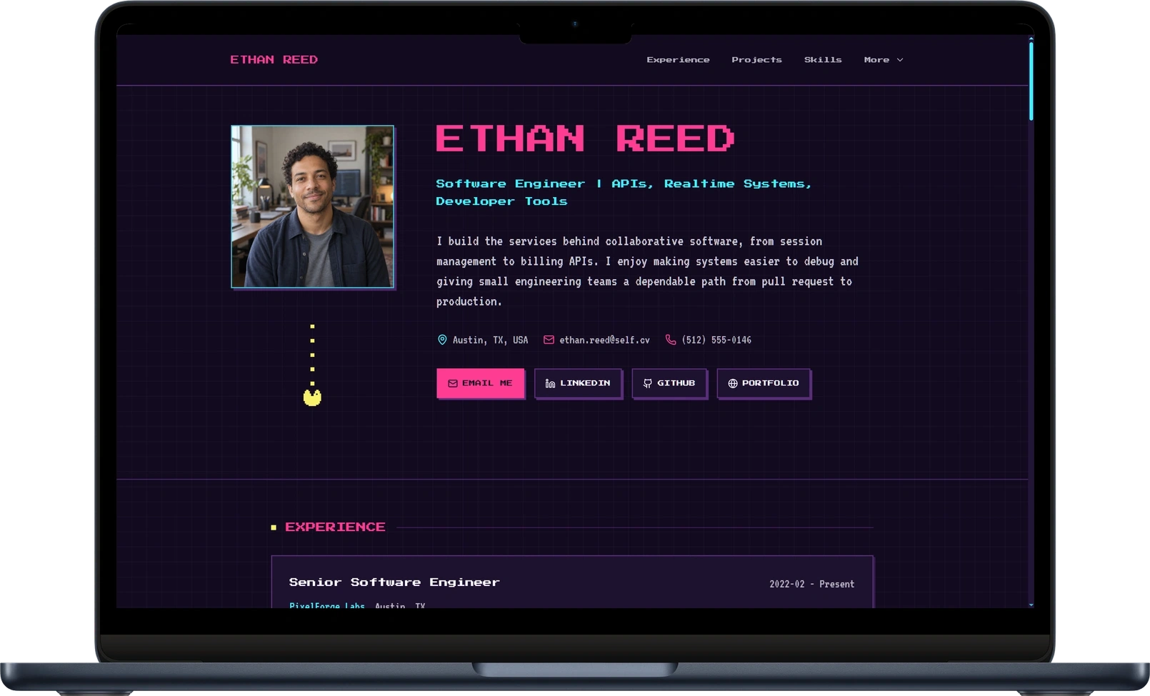 8Bit personal website design with a software engineering introduction, dark background, and prominent GitHub and contact links.