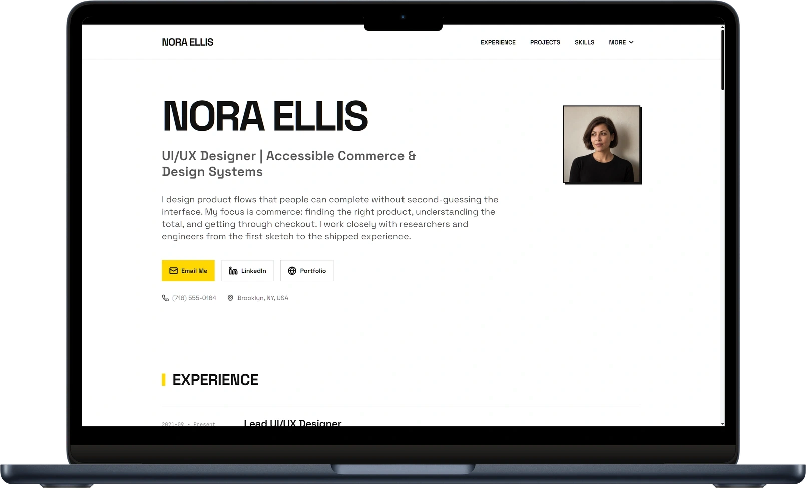 Brutalist UI/UX designer website with bold typography, a focused introduction, and prominent contact actions.