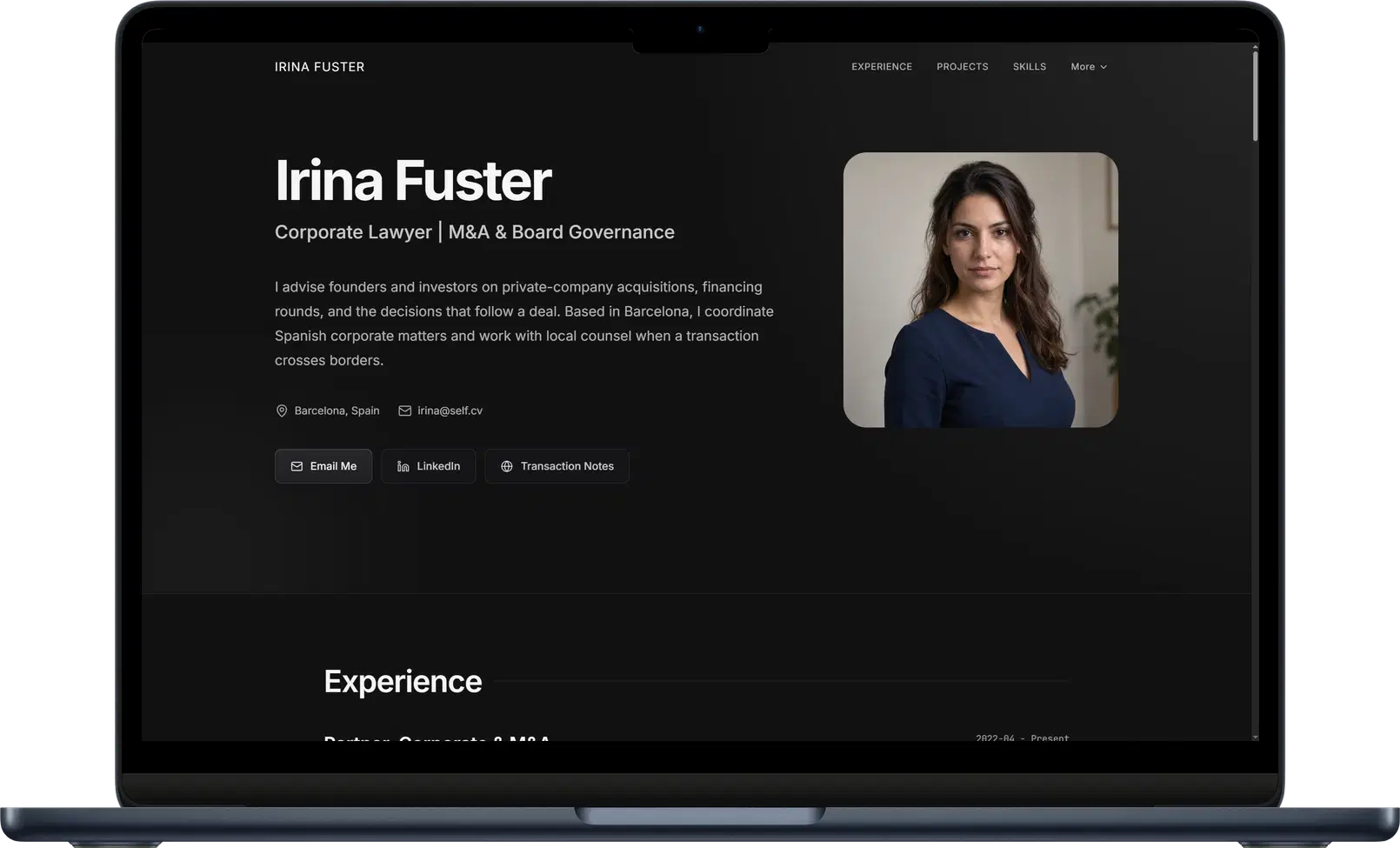 Self professional website in Charcoal, showing an introduction, work history, and projects.