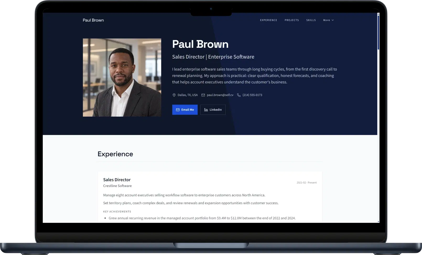 Web personal de Self con Corporate: experiencia, proyectos seleccionados y contacto.