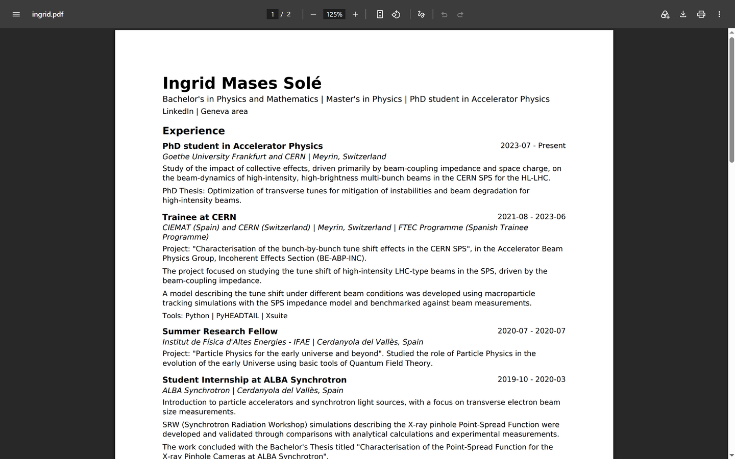 Screenshot of Ingrid Mases Solé's PDF CV in a document reader.