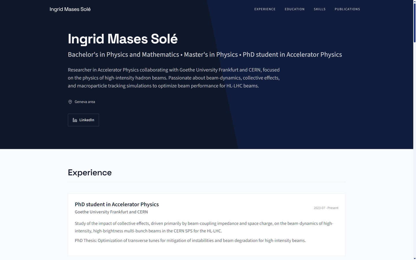 Screenshot of Ingrid Mases Solé's published Corporate resume website and structured research experience.
