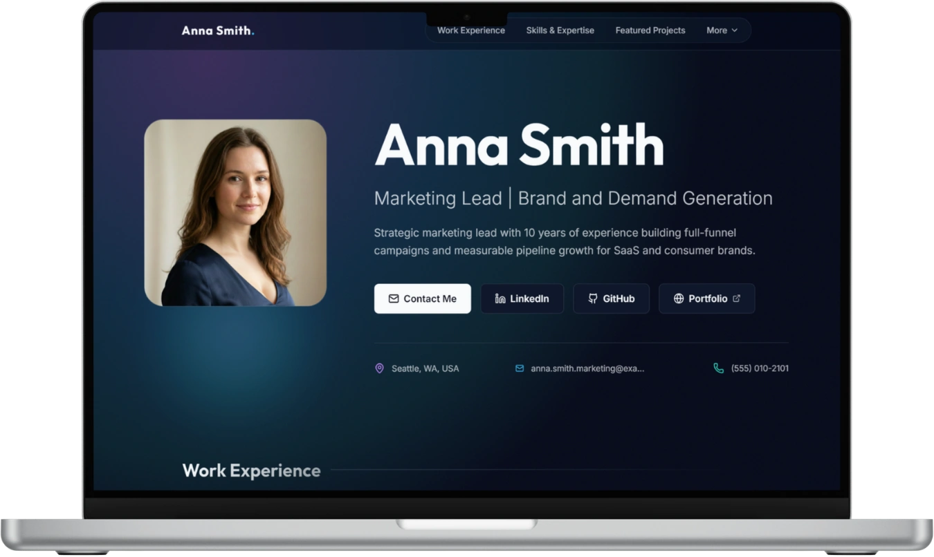 Aurora professional website example for a marketing lead.