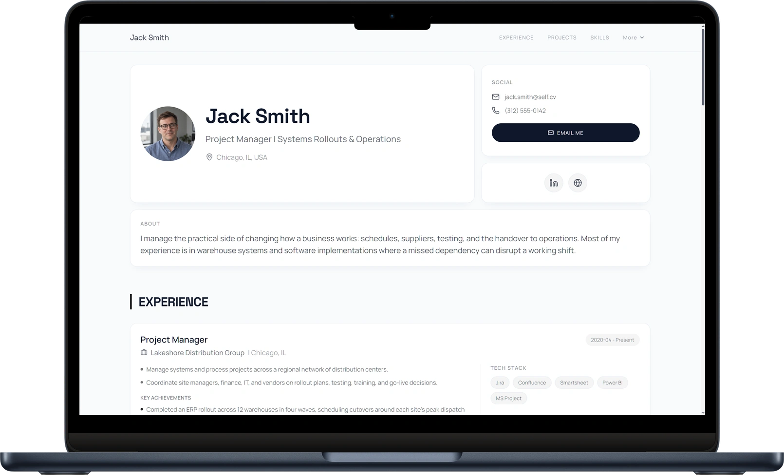 Bento professional website example for a project manager.