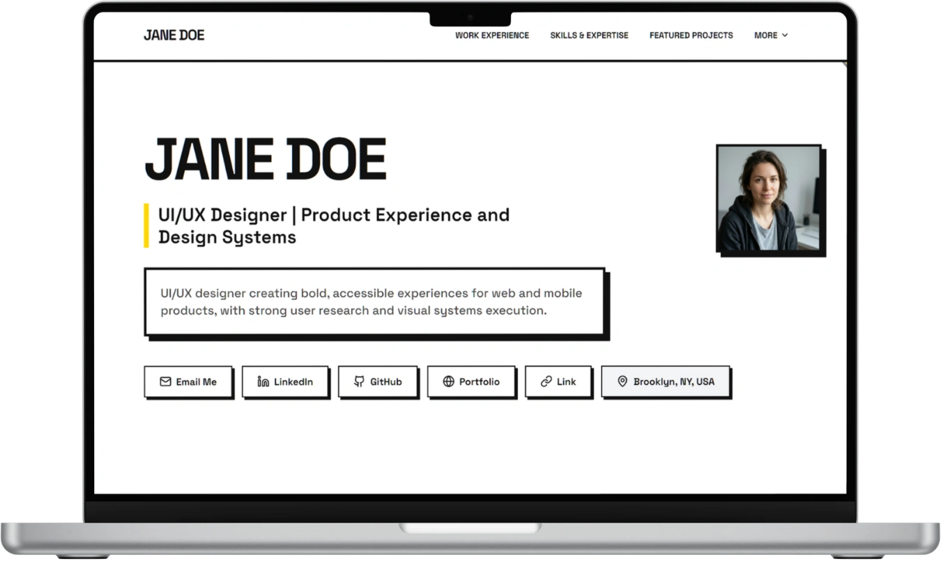 Brutalist professional website example for a UI/UX designer.