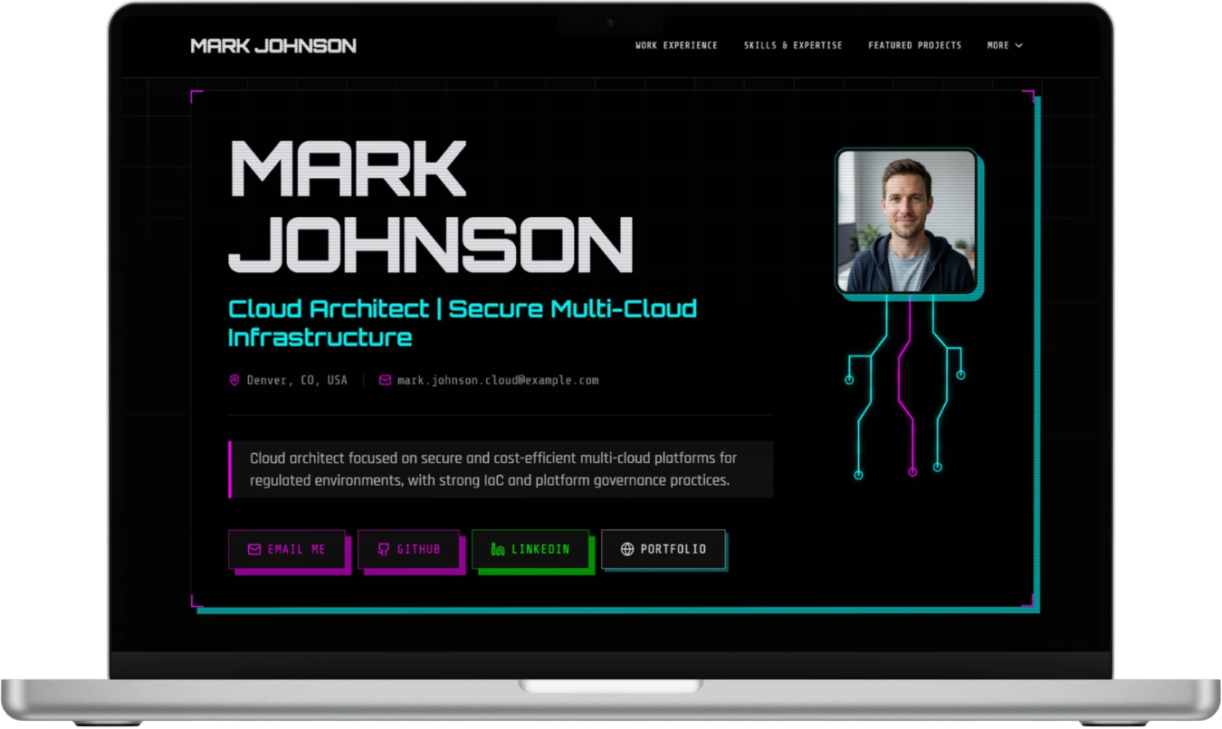 Cybercore professional website example for a cloud architect.